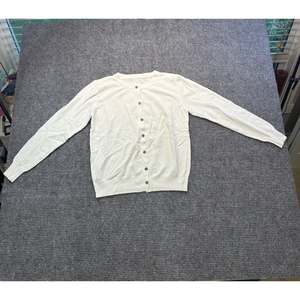 Womens White Button Front Long Sleeve Crew Neck Knit Cardigan Sweater Medium